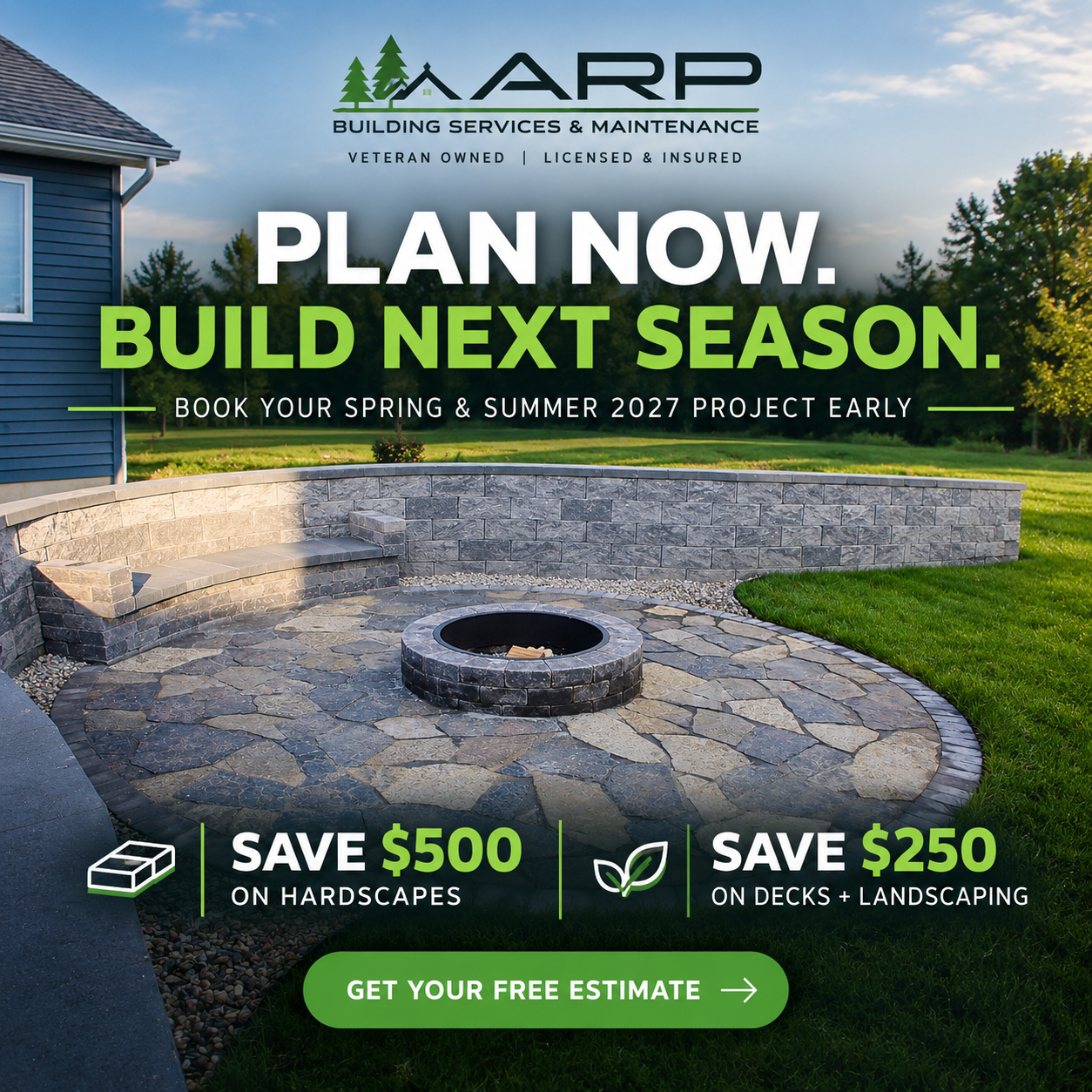 ARP Building Services early-booking offer: save $500 on hardscapes or $250 on decks and landscaping